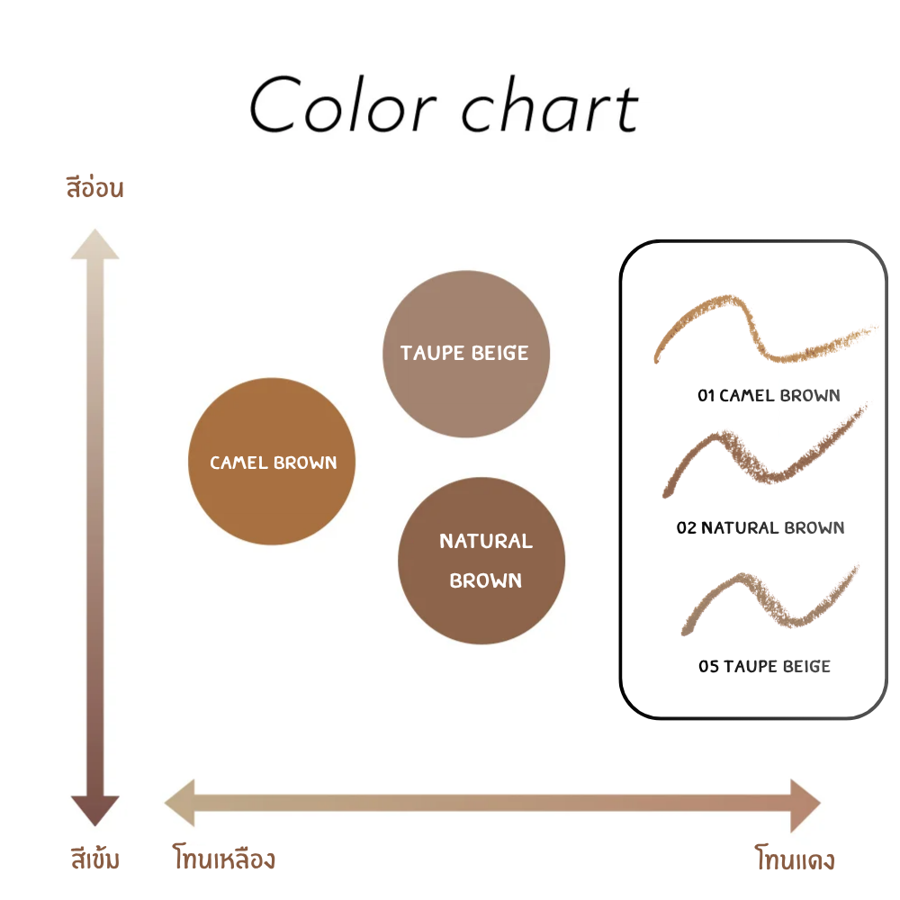 ตารางสี 01 Camel Brown, 02 Natural Brown และ 05 Taupe Beige